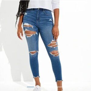 American Eagle The Dream Jean Curvy Hi Rise Jegging Crop 4 Short Blue Distressed